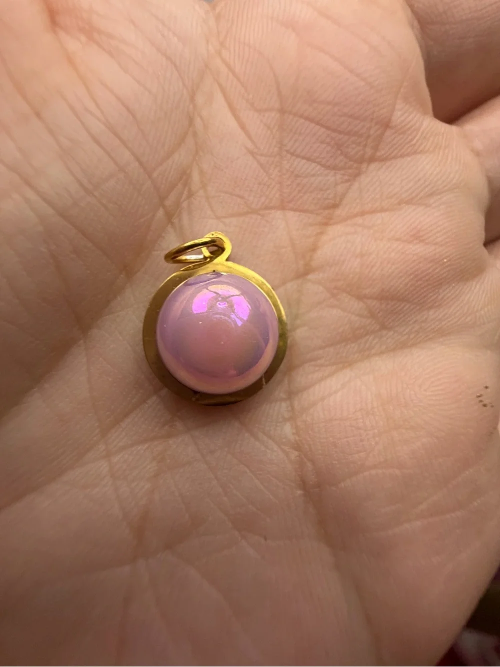 Gold Pendant Necklace Charm with Pink Iridescent Cabochon